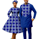 African Print Couples Clothing – Women’s Dress with Headwrap and Men’s Patchwork Top and Pants - Free Delivery Worldwide