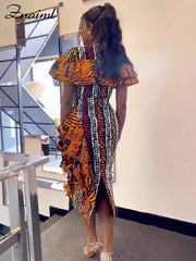 African Festival Print Midi Dress – Elegant Short Sleeve Ruffle Bodycon Summer Outfit