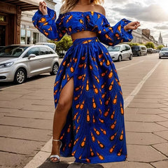 African National Style Women’s Set – Off-Shoulder Long Sleeve Top & Split Maxi Skirt