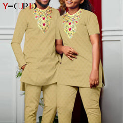 Bazin Riche Couple Outfit – Women’s Jacquard Top & Pants Set with Matching Men’s Kaftan Party Wear - Free Delivery Worldwide only at Flexi Africa