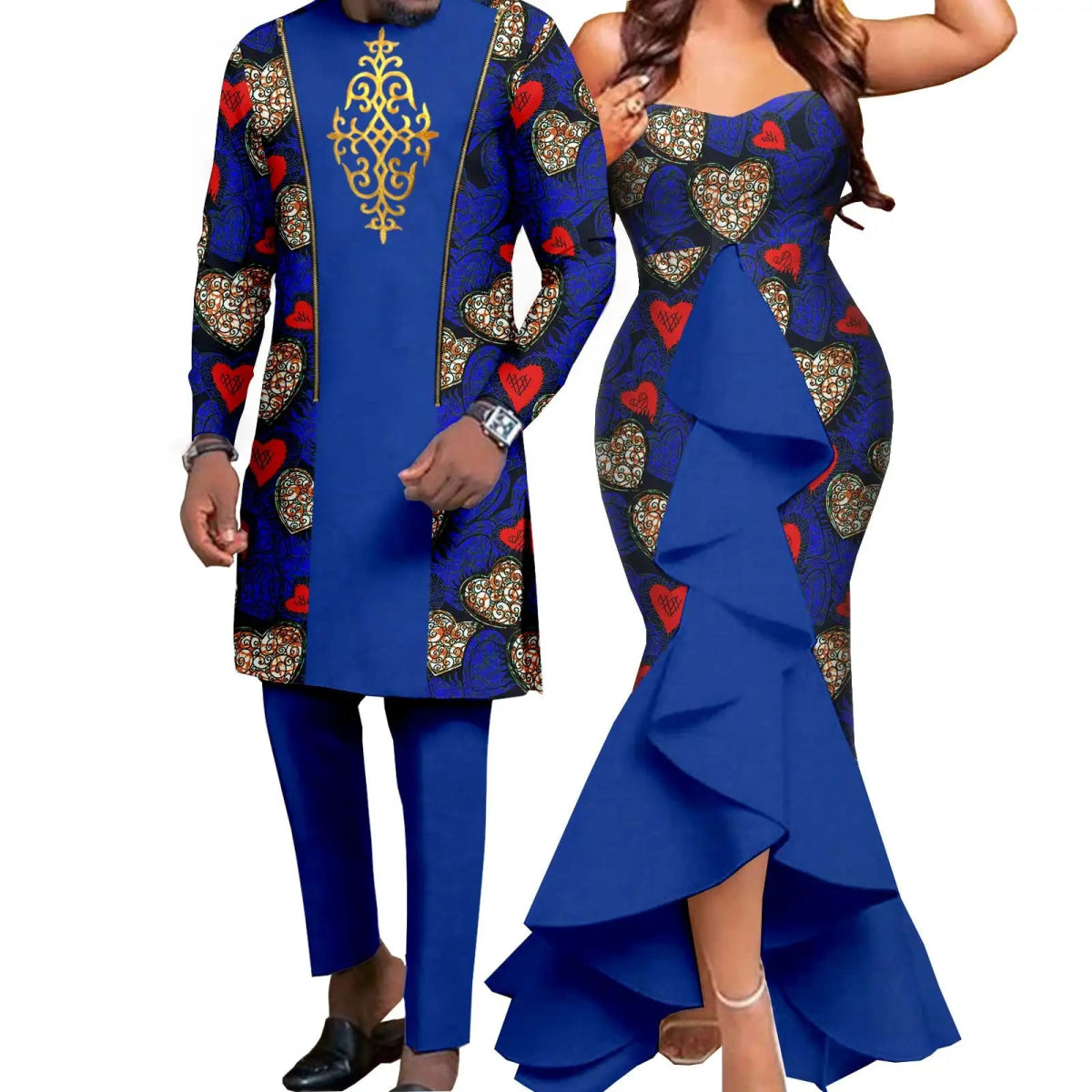 Dashiki African Couple Wedding Set – Women’s Mermaid Dress & Matching Men’s Bazin Riche Shirt and Pants - Free Delivery Worldwide only at Flexi Africa