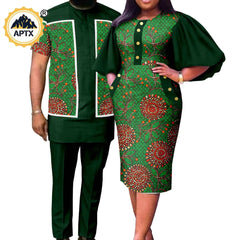 Summer African Couple Outfit – Puff Sleeve Dress for Women with Matching Men’s Bazin Riche Suit - Free Delivery Worldwide only at Flexi Africa