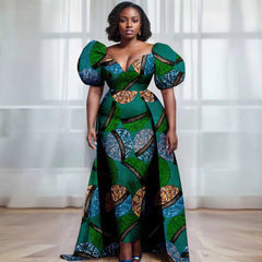 Women’s Ankara V - Neck Dress – Bubble Sleeve African Print with Layered Back Hem - Free Delivery Worldwide only at Flexi Africa