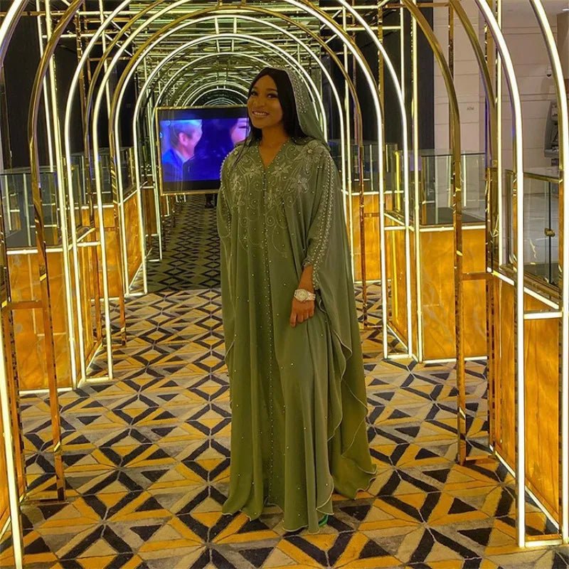 Ladies African Abaya Maxi Dress – Robe with Pearl Detailing, Traditional Dress - Free Delivery Worldwide only at Flexi Africa