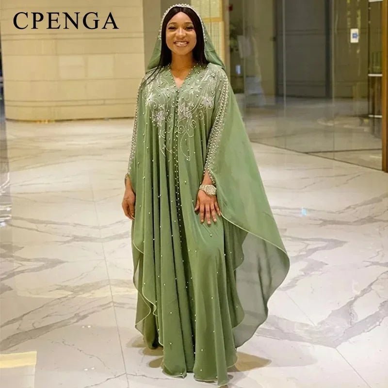 Ladies African Abaya Maxi Dress – Robe with Pearl Detailing, Traditional Dress - Free Delivery Worldwide only at Flexi Africa