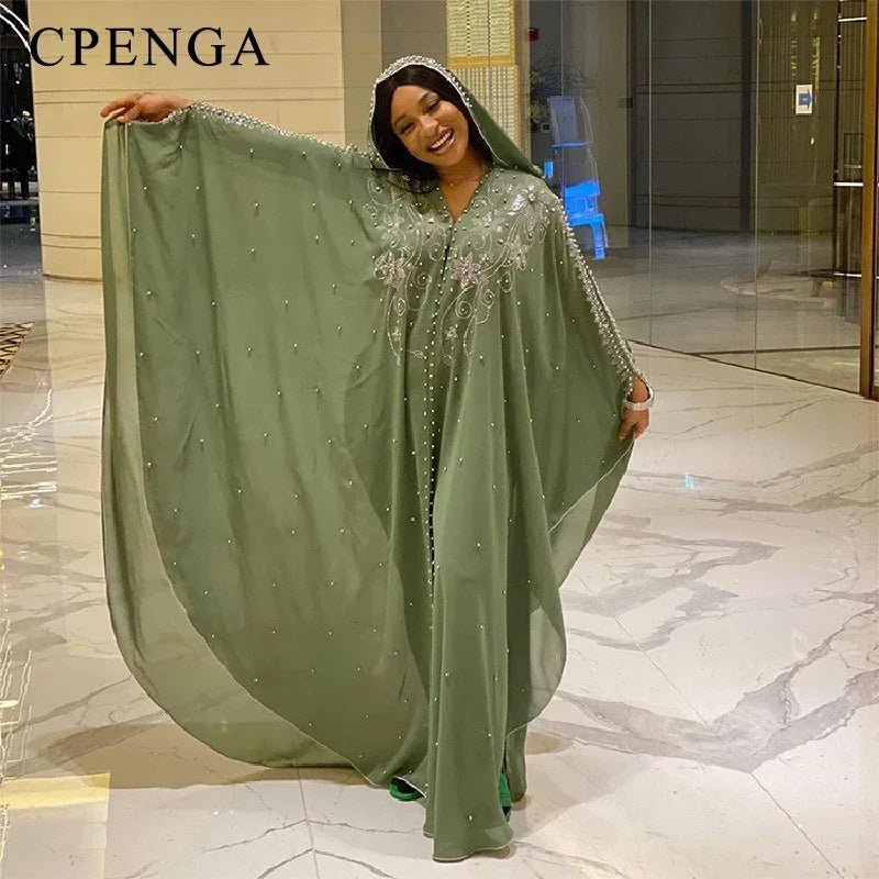 Ladies African Abaya Maxi Dress – Robe with Pearl Detailing, Traditional Dress - Free Delivery Worldwide only at Flexi Africa