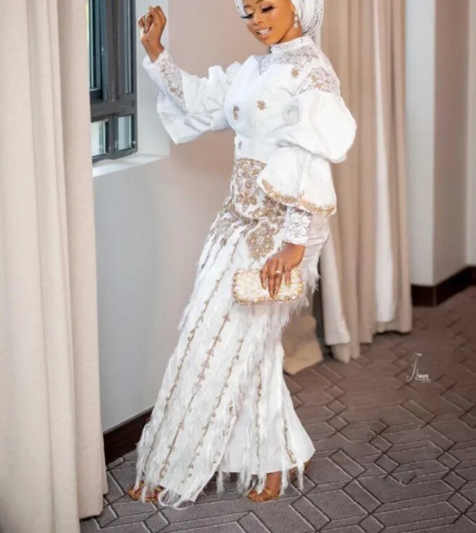 2PC African Wedding Party Ensemble: Autumn Elegance with Long Sleeve O-neck - Flexi Africa - Flexi Africa offers Free Delivery Worldwide - Vibrant African traditional clothing showcasing bold prints and intricate designs