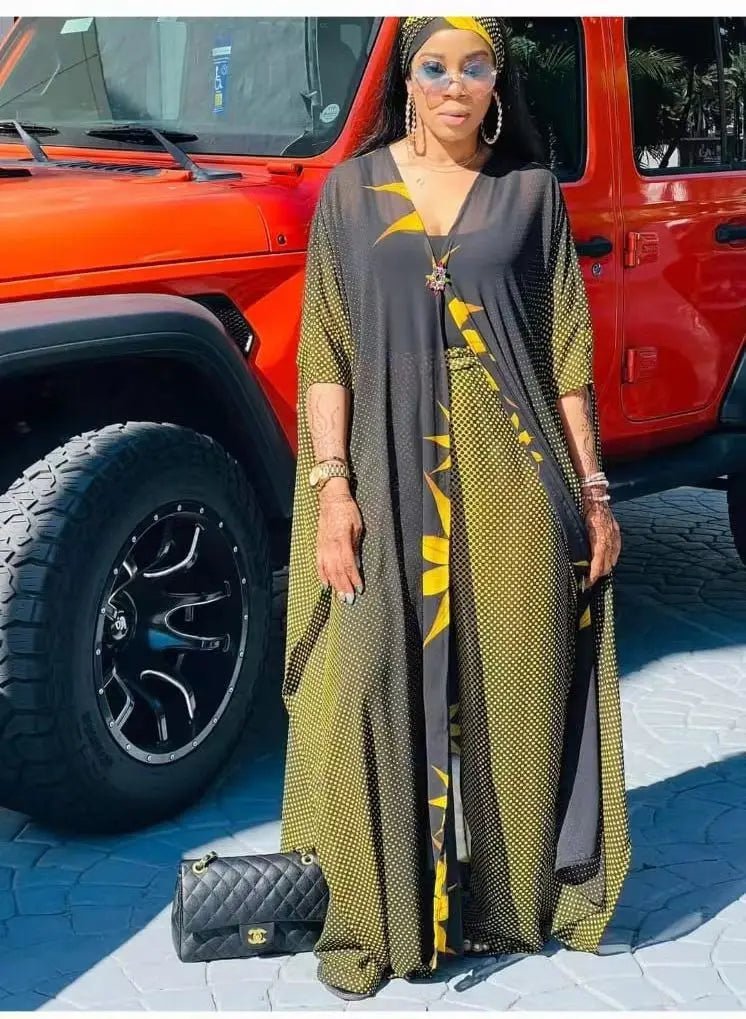 2PC Summer Chic: African Women's V-neck Polyester Printed - Top and Long Pants African Suit - Flexi Africa - Flexi Africa offers Free Delivery Worldwide - Vibrant African traditional clothing showcasing bold prints and intricate designs