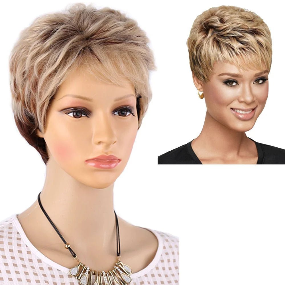 6" Length Amir Synthetic Brown Wig - Short Blonde Wigs Natural Wave Haircut, Puffy Straight Hair - Free Delivery Worldwide