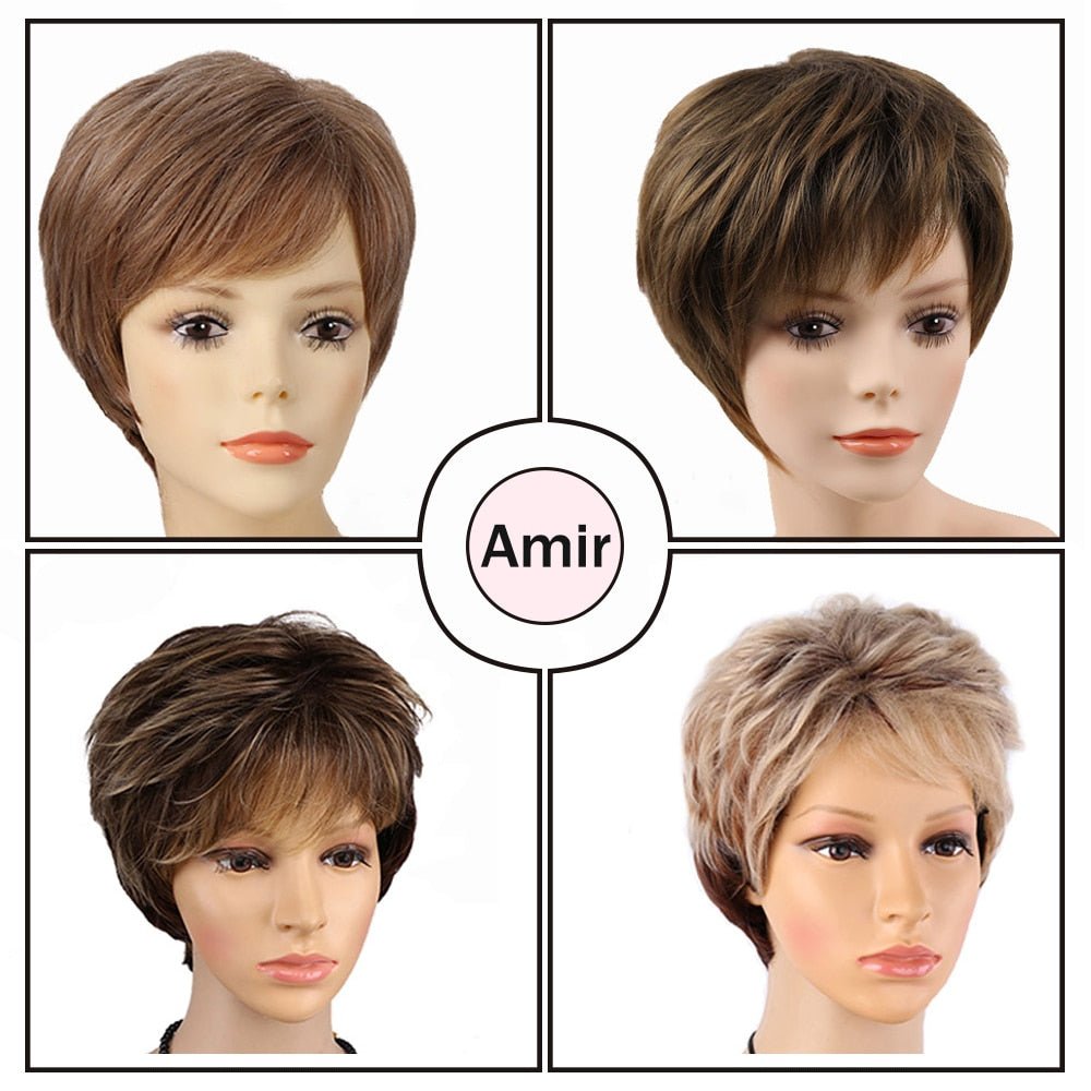 6" Length Amir Synthetic Brown Wig - Short Blonde Wigs Natural Wave Haircut, Puffy Straight Hair - Free Delivery Worldwide