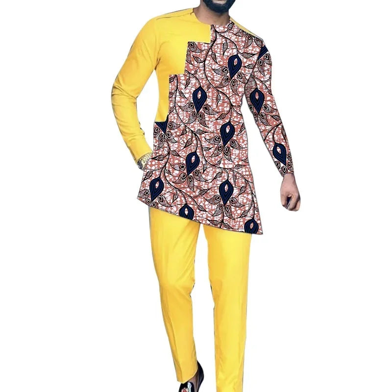 Person wearing a yellow outfit with a patterned shirt on a white background