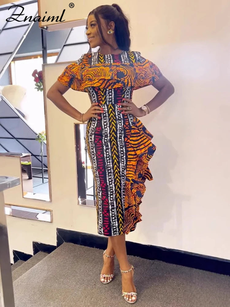 African Festival Print Midi Dress – Elegant Short Sleeve Ruffle Bodycon Summer Outfit