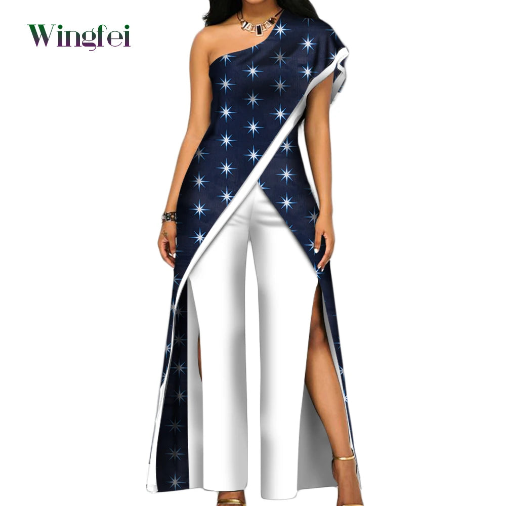 2PC African Women’s Ankara Pant Set – Stylish Off-Shoulder Top and Trousers