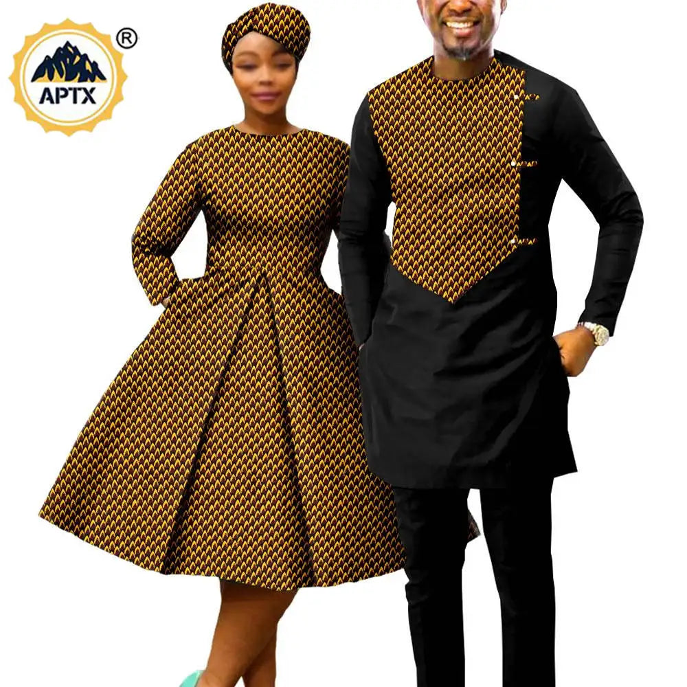 African Print Couples Clothing – Women’s Dress with Headwrap and Men’s Patchwork Top and Pants - Free Delivery Worldwide