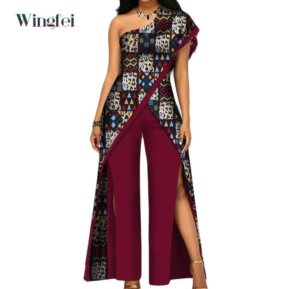 2PC African Women’s Ankara Pant Set – Stylish Off-Shoulder Top and Trousers
