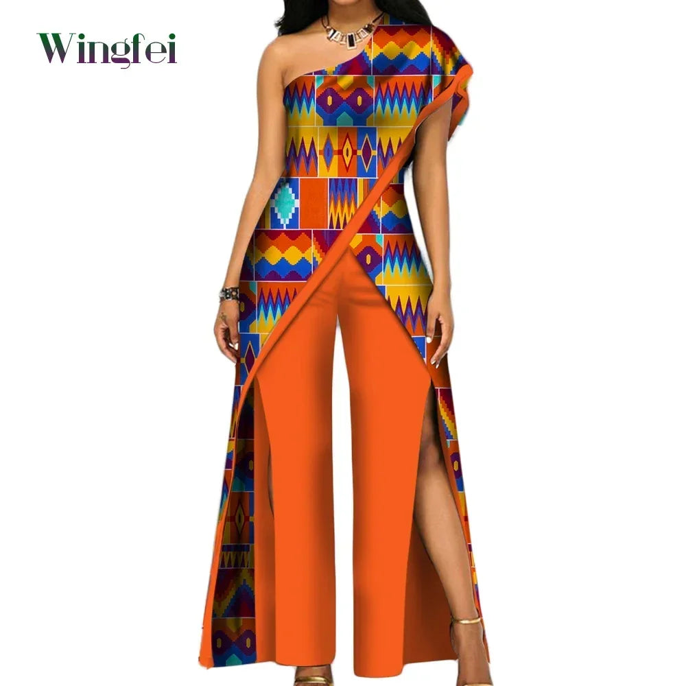 2PC African Women’s Ankara Pant Set – Stylish Off-Shoulder Top and Trousers