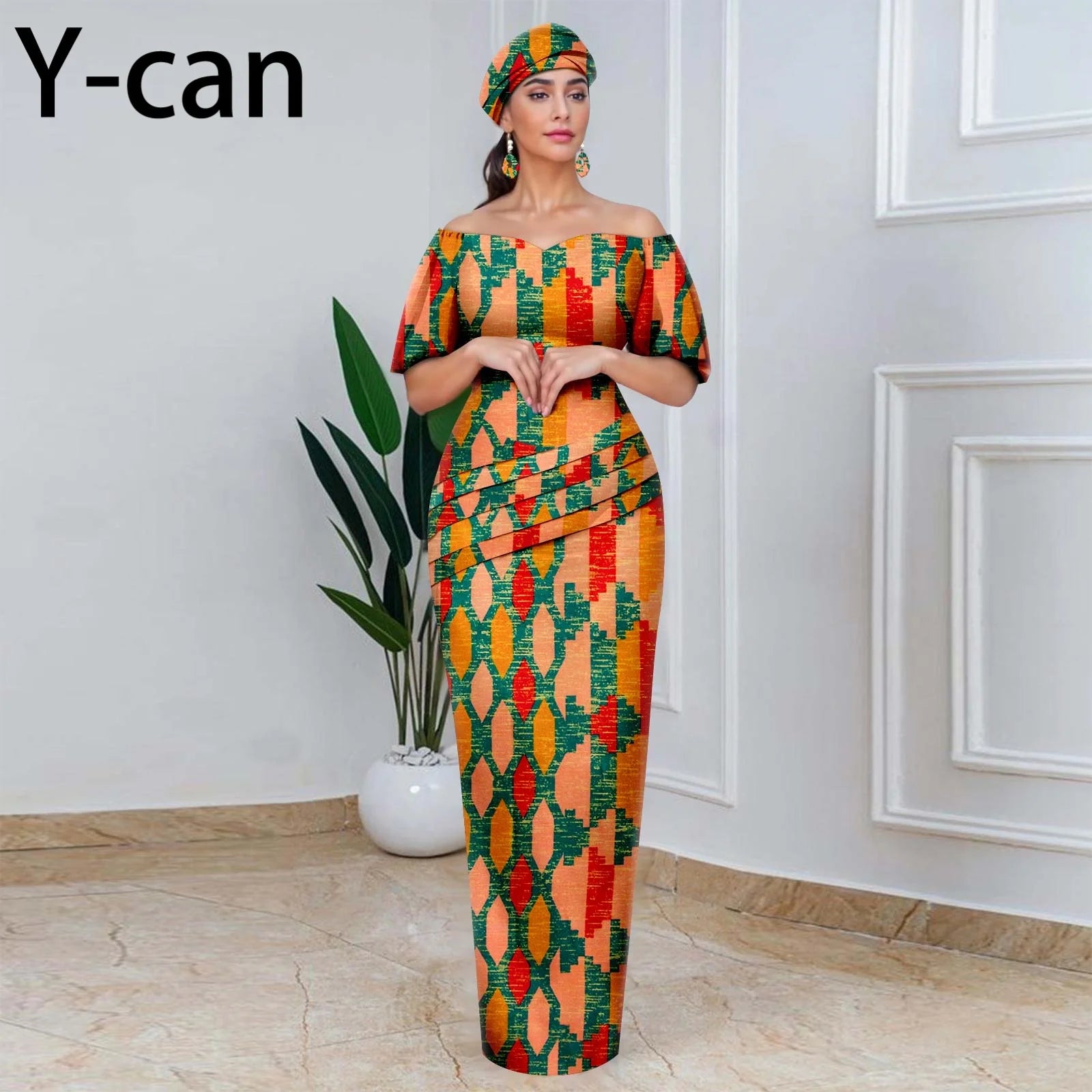 Elegant African Off-Shoulder Maxi Dress with Matching Headscarf & Earrings
