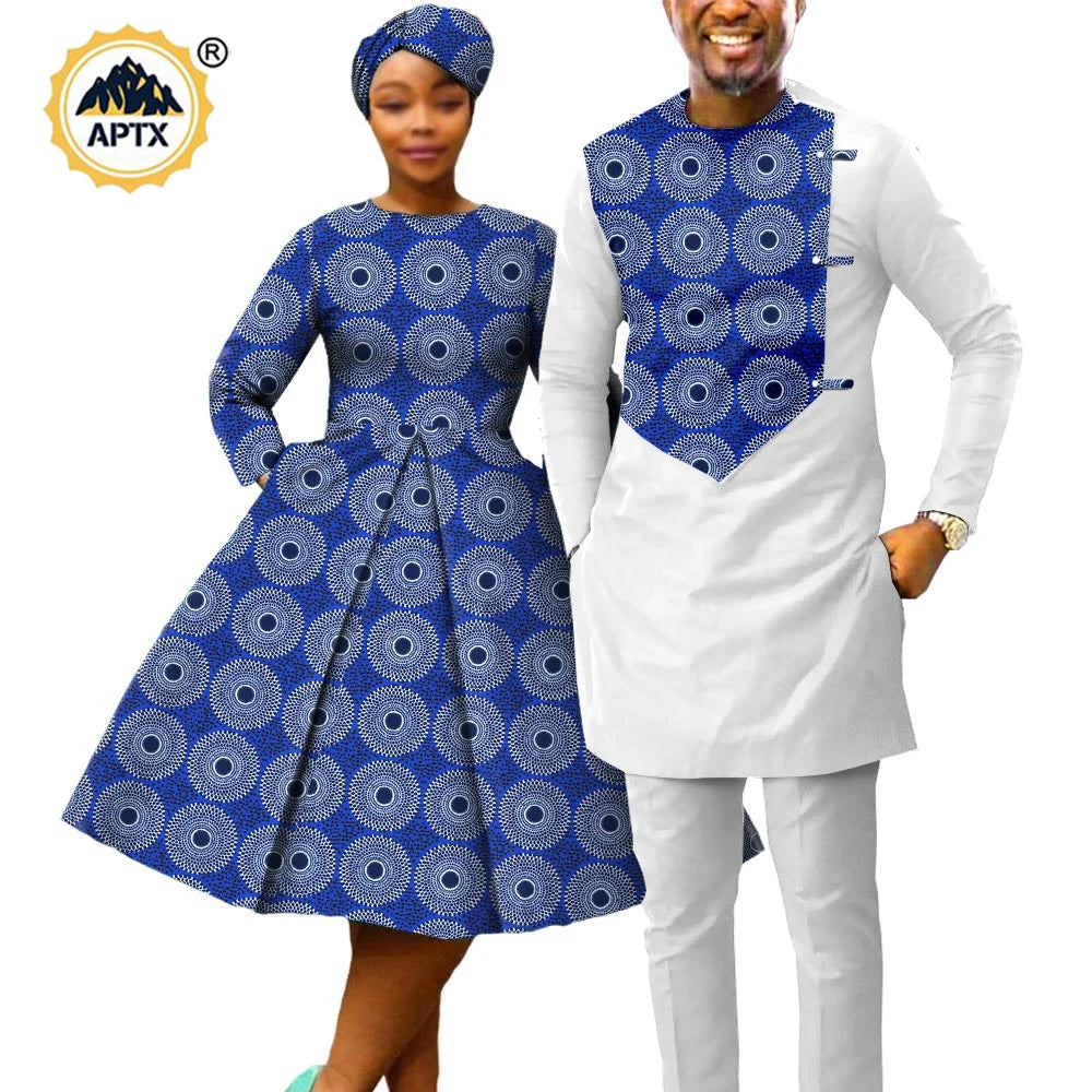 African Print Couples Clothing – Women’s Dress with Headwrap and Men’s Patchwork Top and Pants - Free Delivery Worldwide