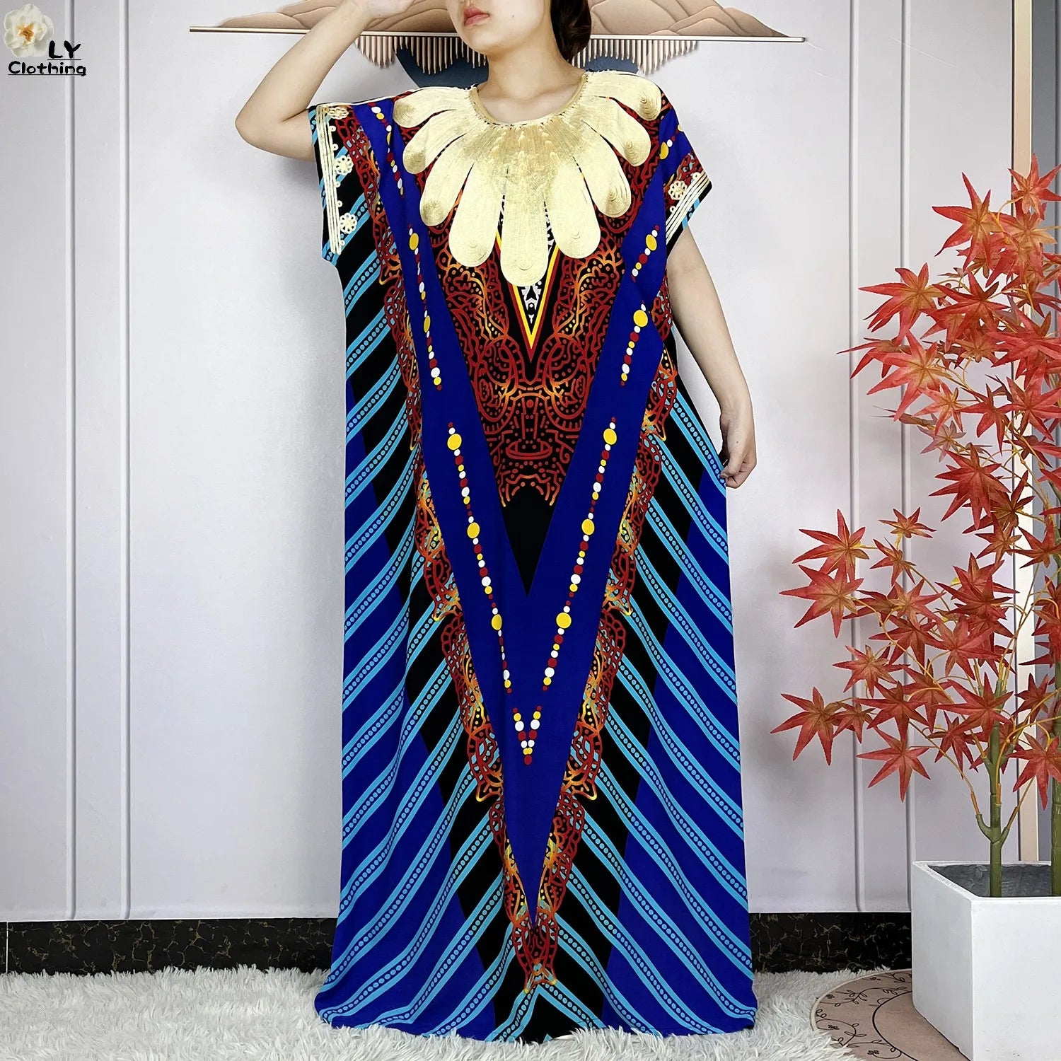 Elegant African Style Cotton Abaya Dress for Women with Patterned Print - Loose Fit Short Sleeve Muslim Rob