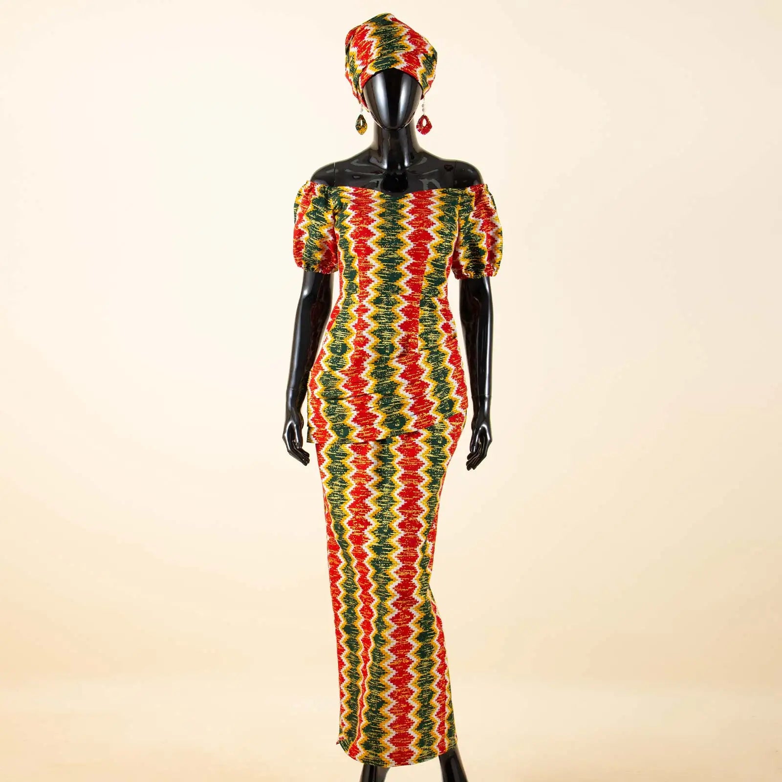 Elegant African Off-Shoulder Maxi Dress with Matching Headscarf & Earrings