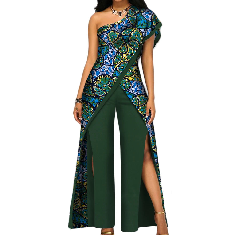 2PC African Women’s Ankara Pant Set – Stylish Off-Shoulder Top and Trousers