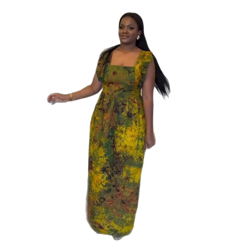 African Maxi Dress for Women – Dashiki Spaghetti Strap Ankara Bazin Long Traditional Robes
