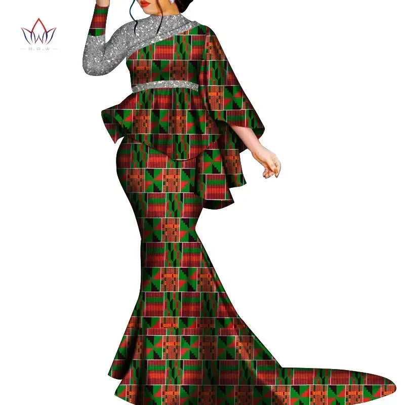 Buy African Bazin Riche Floral Printed 2PC Set – Irregular Bat Sleeve Top & Long Skirt Elegant Party Outfit for Women