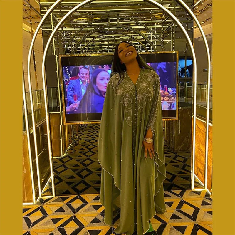 Ladies African Abaya Maxi Dress – Robe with Pearl Detailing, Traditional Dress - Free Delivery Worldwide only at Flexi Africa