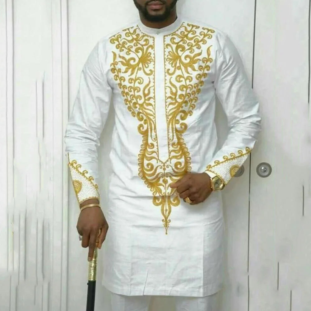 Summer Dashiki New Men's Suits Shirt Embroidered Kaftan Long Sleeve Top and Casual Pants 2 Piece Element Man Brand Set