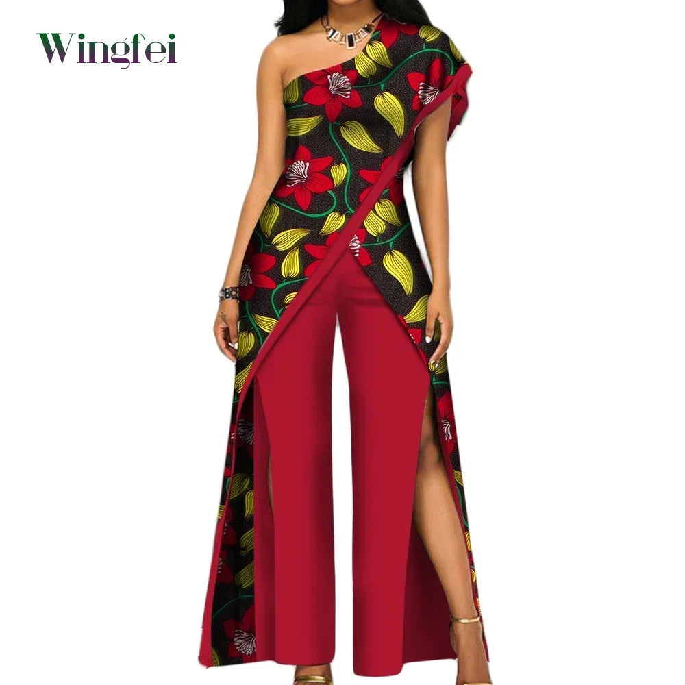 2PC African Women’s Ankara Pant Set – Stylish Off-Shoulder Top and Trousers