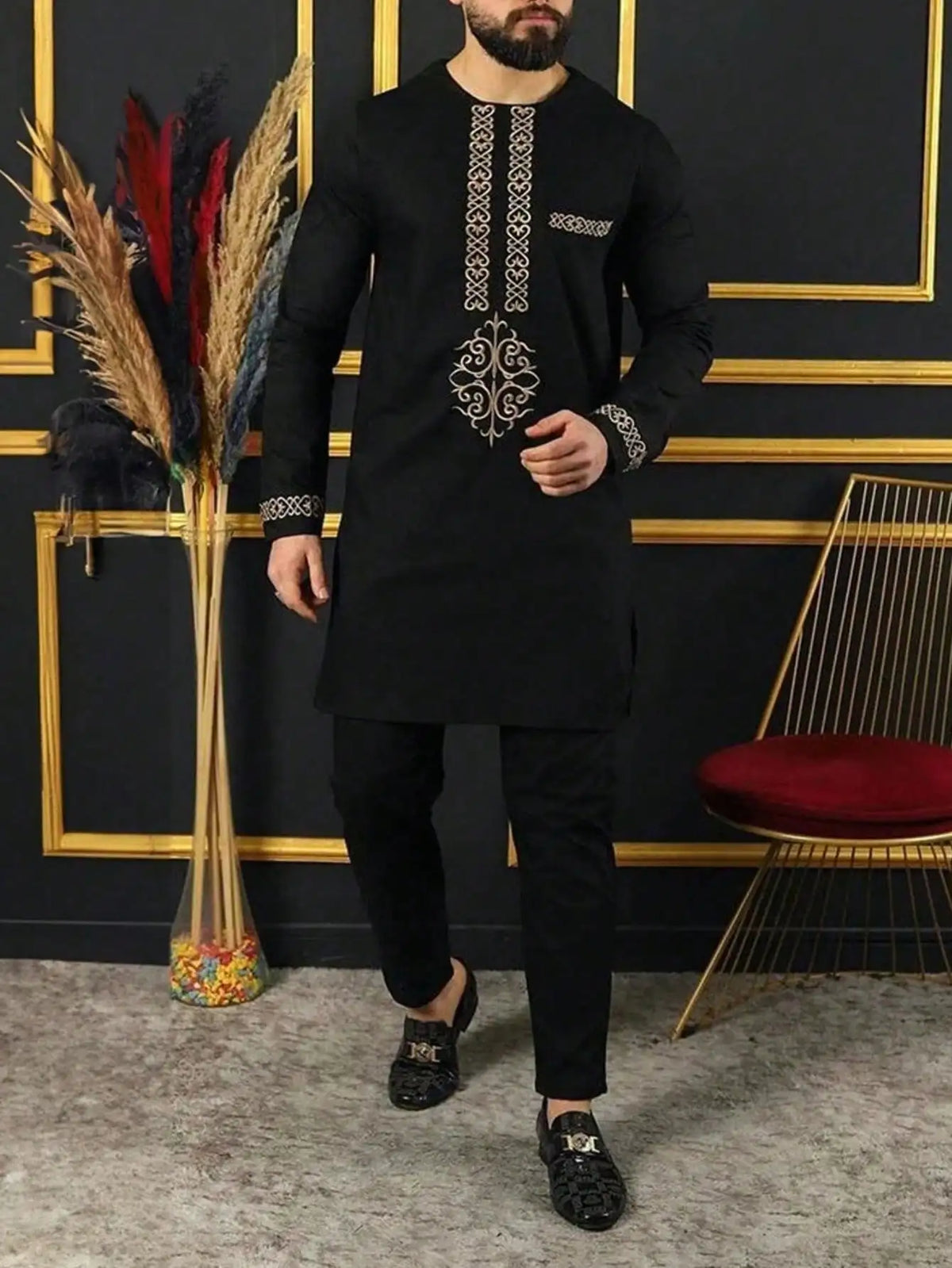 Summer Dashiki New Men's Suits Shirt Embroidered Kaftan Long Sleeve Top and Casual Pants 2 Piece Element Man Brand Set