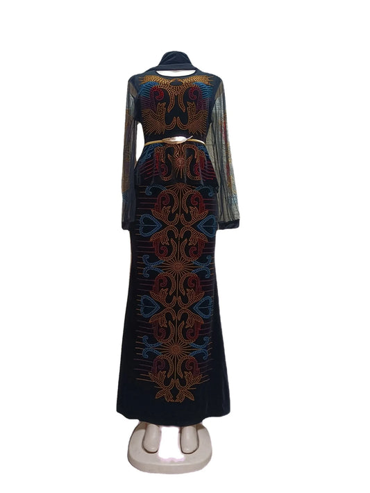 Velvet African Dresses for Women: Summer Fashion Long Sleeve O - Neck Maxi Dress with Matching Headtie - Free Delivery Worldwide only at Flexi Africa