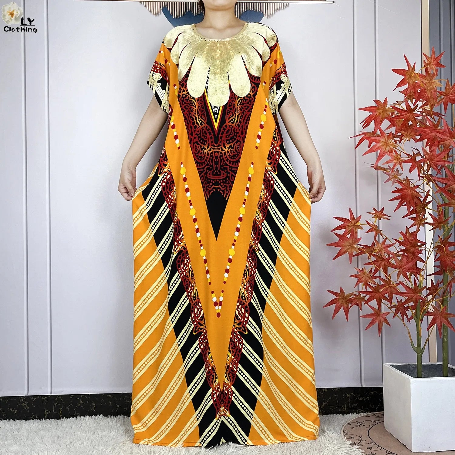 Elegant African Style Cotton Abaya Dress for Women with Patterned Print - Loose Fit Short Sleeve Muslim Rob