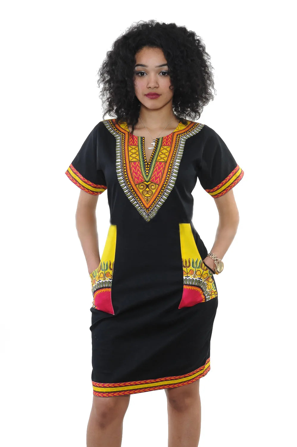 Summer Fashion: African Women's Short Sleeve V-neck Polyester Knee-length Dress - Flexi Africa - Flexi Africa offers Free Delivery Worldwide - Vibrant African traditional clothing showcasing bold prints and intricate designs