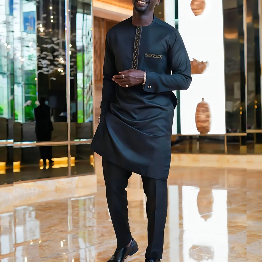 Summer Dashiki New Men's Suits Shirt Embroidered Kaftan Long Sleeve Top and Casual Pants 2 Piece Element Man Brand Set