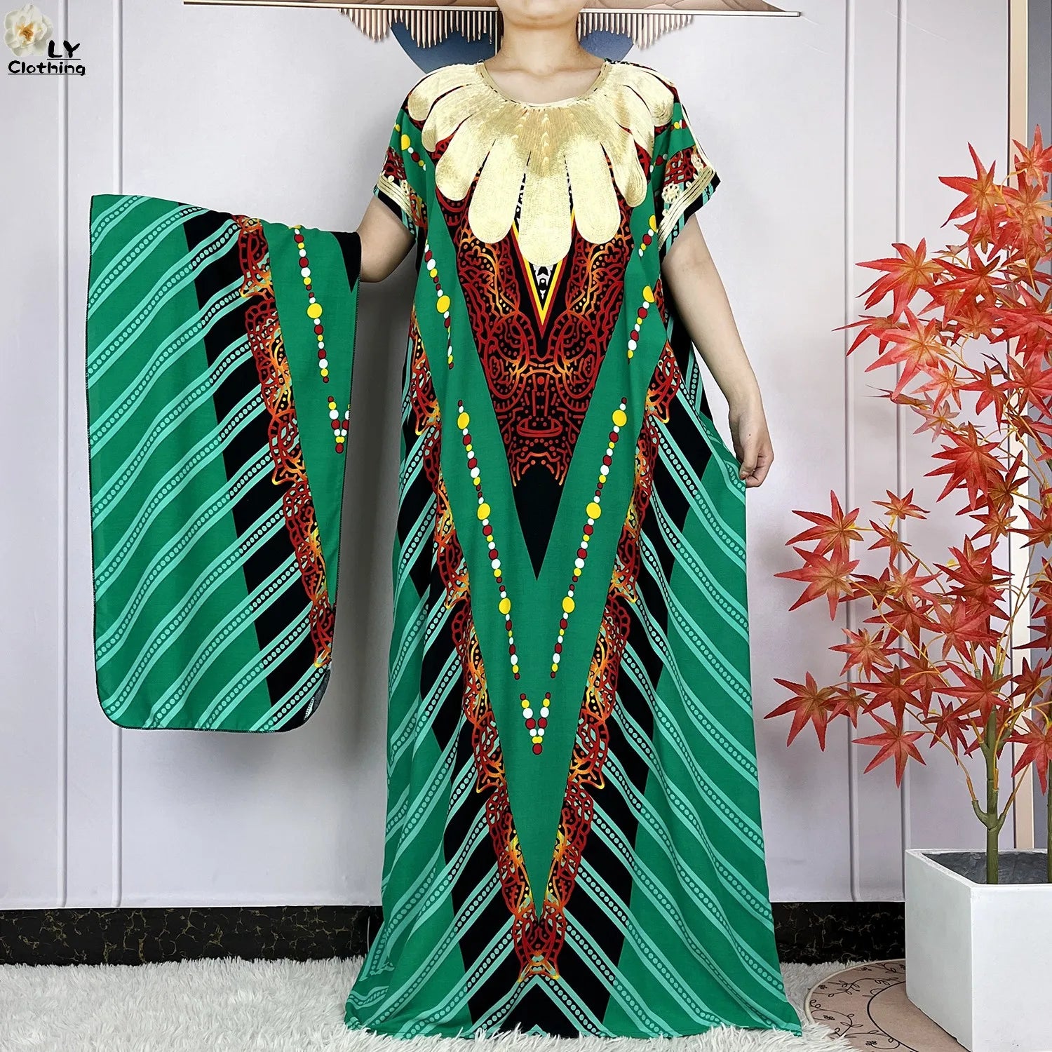 Elegant African Style Cotton Abaya Dress for Women with Patterned Print - Loose Fit Short Sleeve Muslim Rob