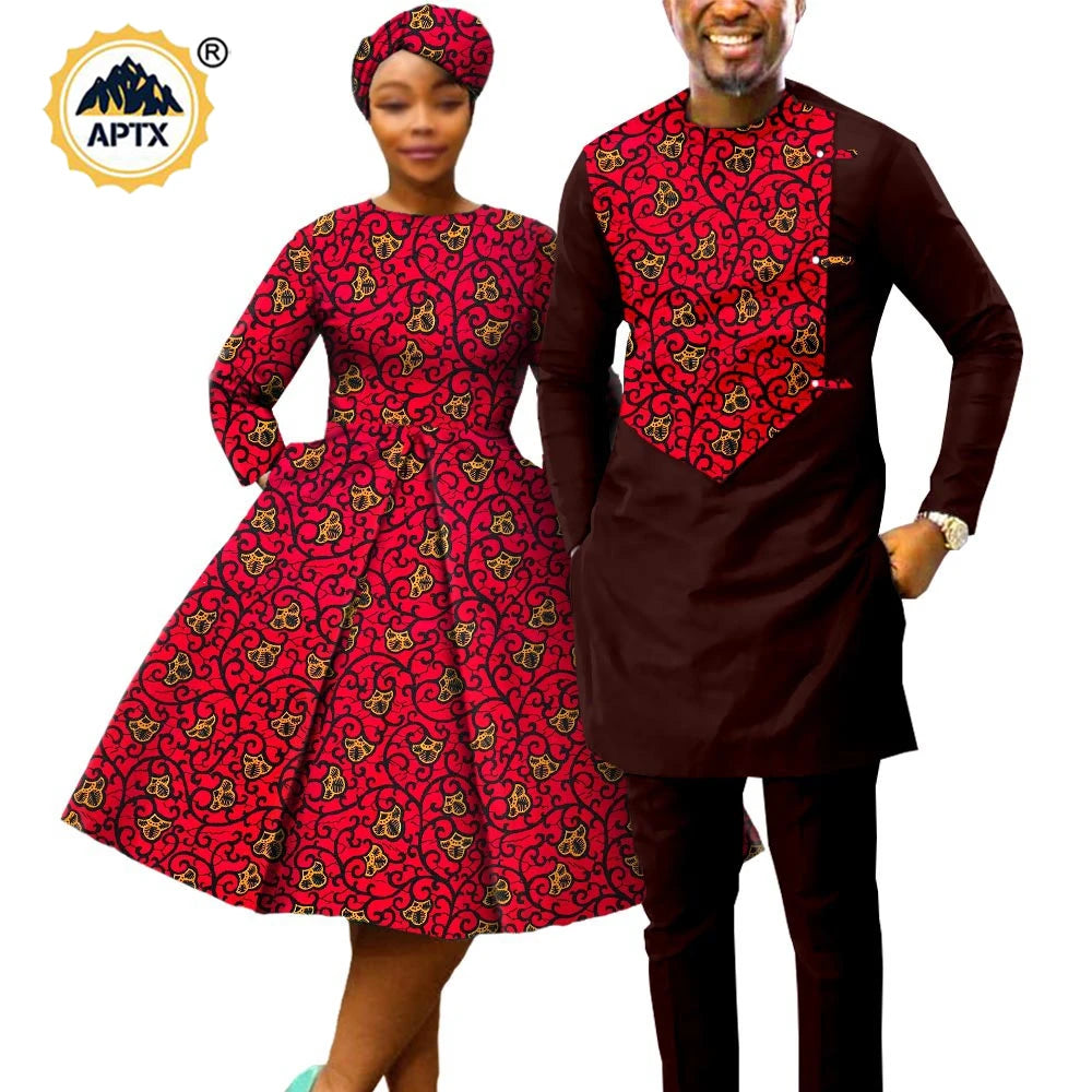 African Print Couples Clothing – Women’s Dress with Headwrap and Men’s Patchwork Top and Pants