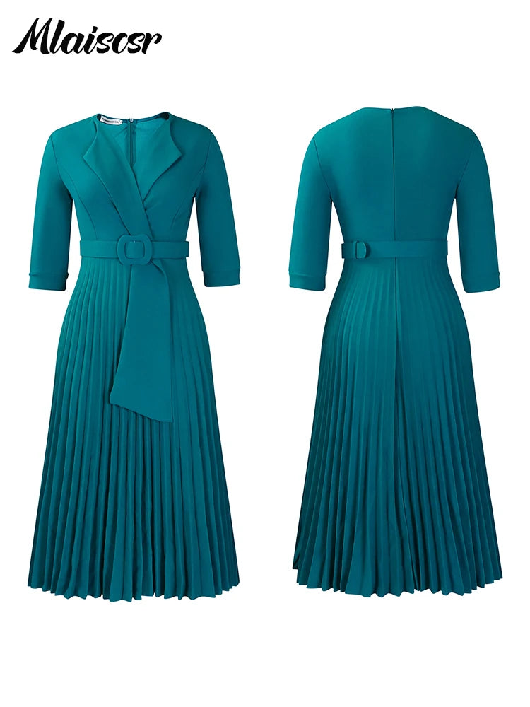 African Pleated A-Line Dress for Women – V-Neck High-Waist Office Dress with Belt