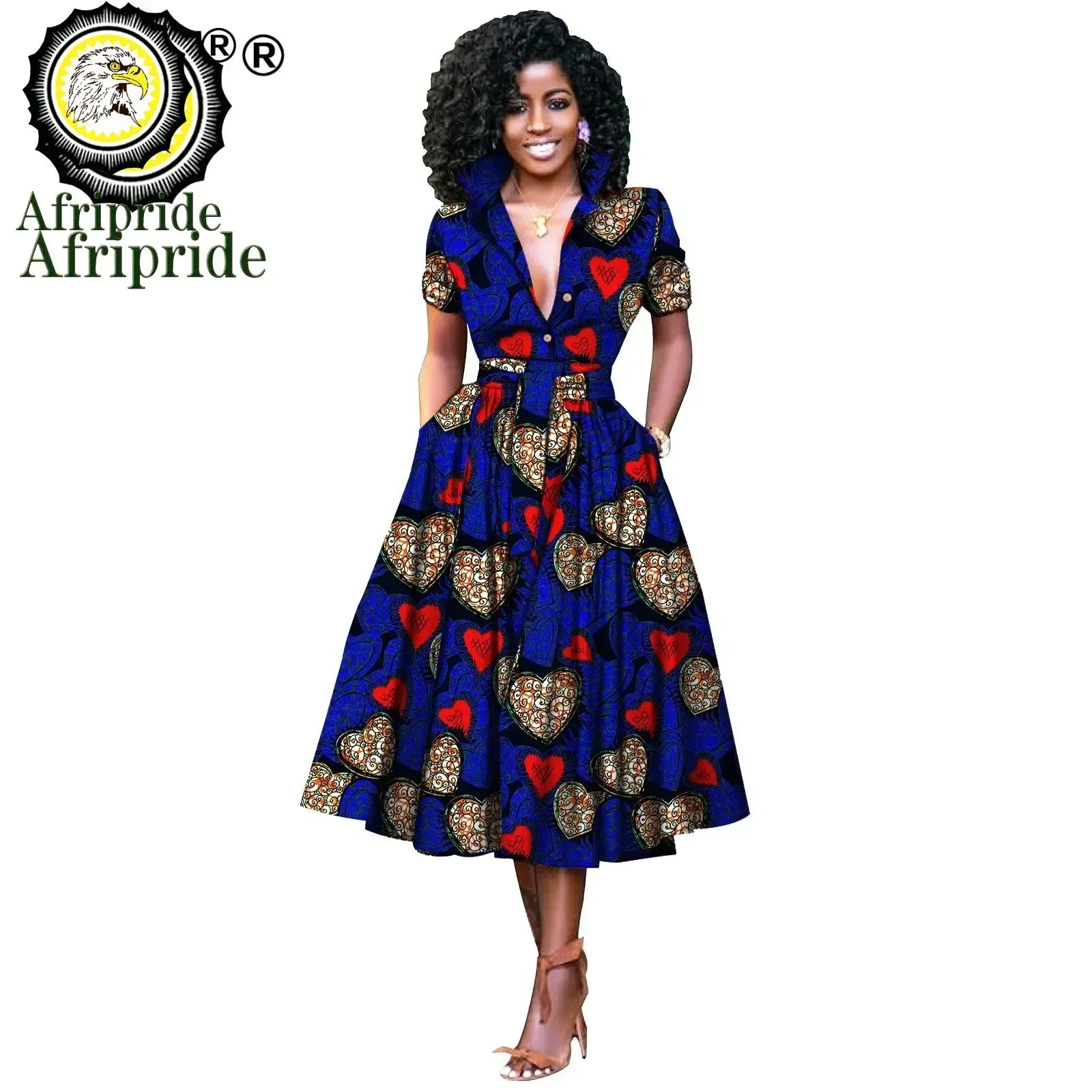 African Women’s Dress – Elegant V-Neck Short Sleeve High-Waist Formal Dress