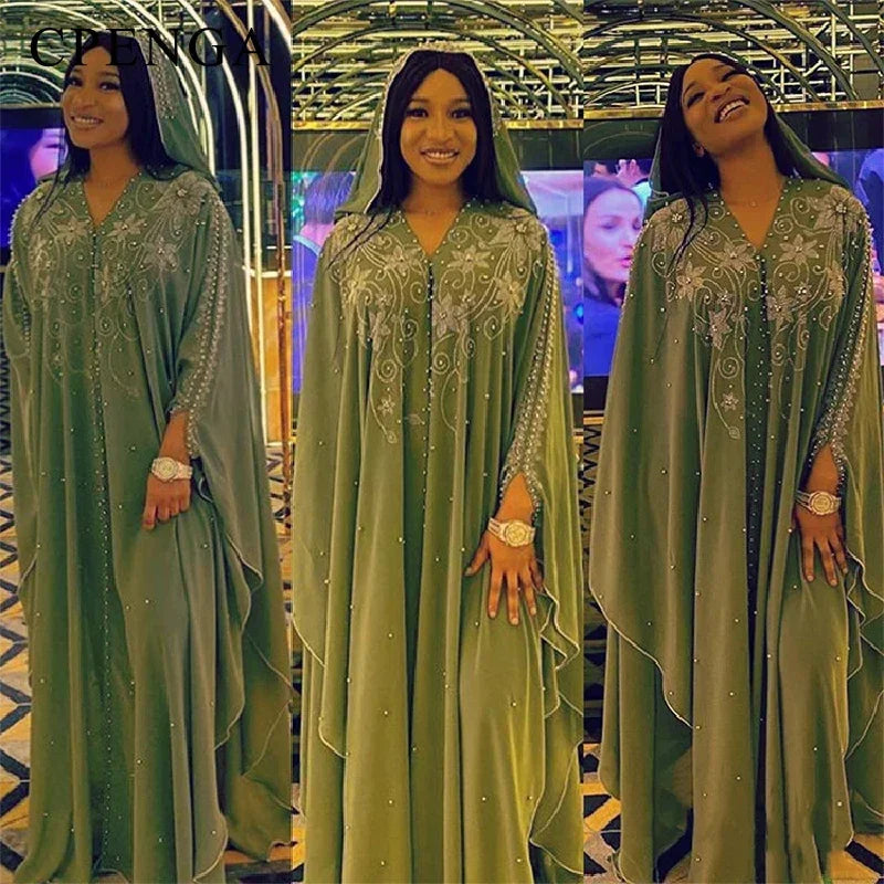 Ladies African Abaya Maxi Dress – Robe with Pearl Detailing, Traditional Dress - Free Delivery Worldwide only at Flexi Africa