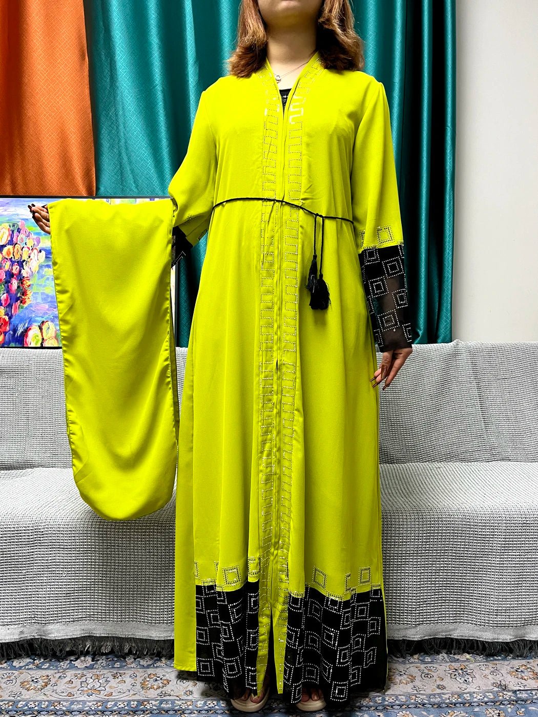 Abayas Chiffon Pure Chains Diamonds Loose Fit Femme Robe Caftan With Turban - Flexi Africa Free Delivery www.flexiafrica.com