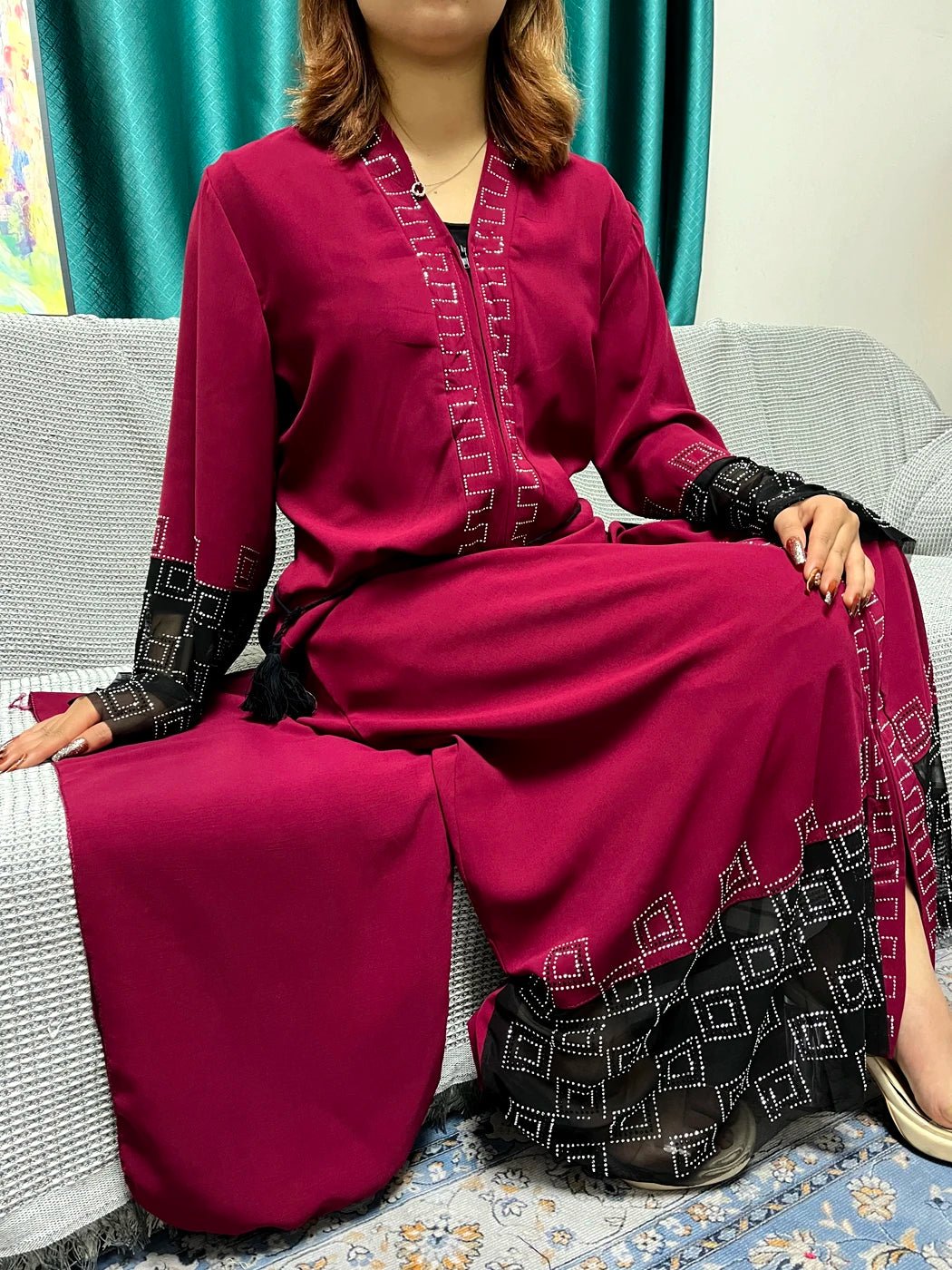 Abayas Chiffon Pure Chains Diamonds Loose Fit Femme Robe Caftan With Turban - Flexi Africa - Flexi Africa offers Free Delivery Worldwide - Vibrant African traditional clothing showcasing bold prints and intricate designs