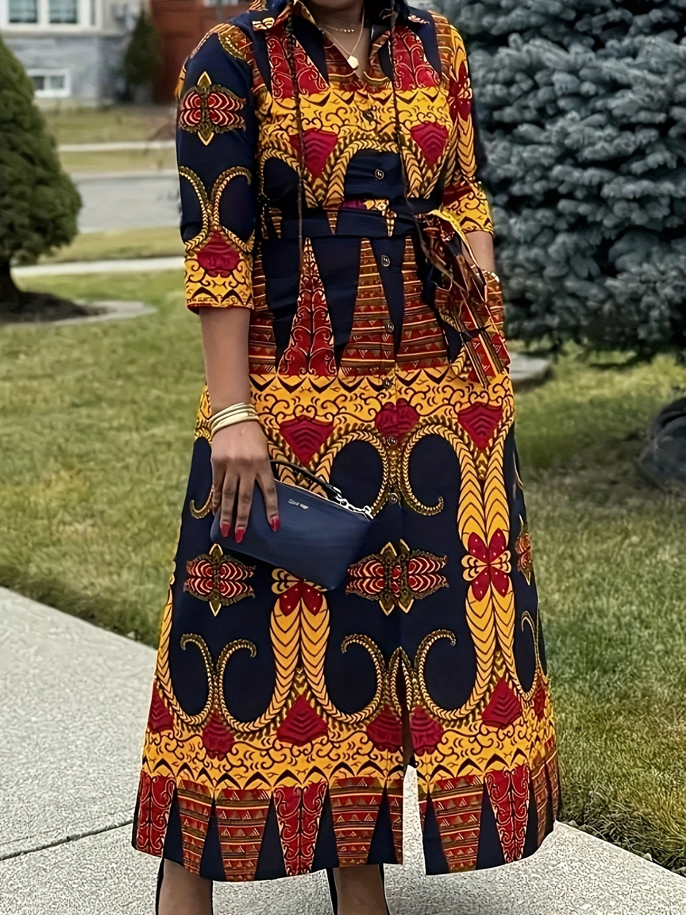 Buy Chic Geometric Pattern Midi Dress with Waist Belt & Structured Collar for only $17.84 at Flexi Africa!