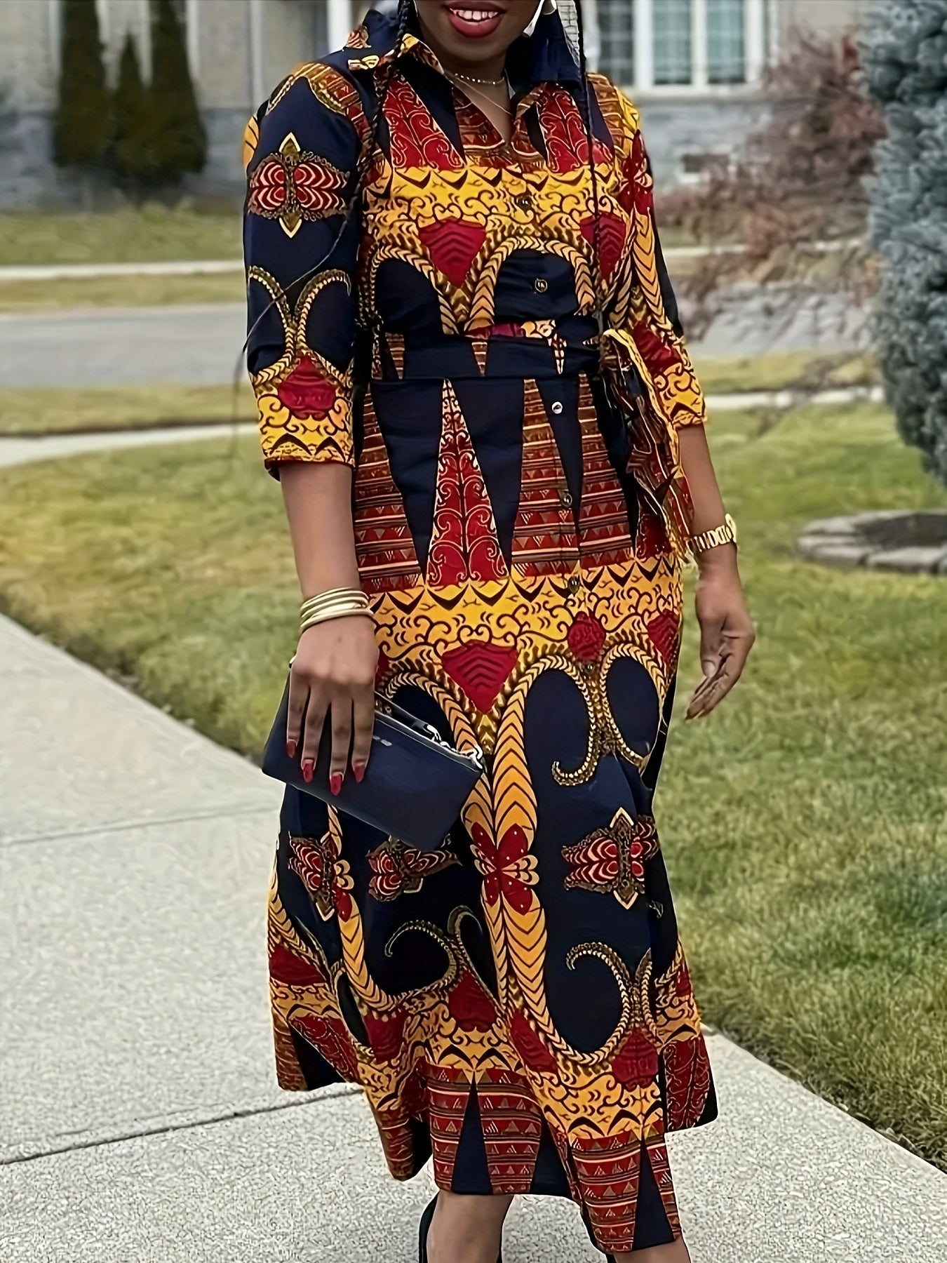 Buy Chic Geometric Pattern Midi Dress with Waist Belt & Structured Collar for only $17.84 at Flexi Africa!