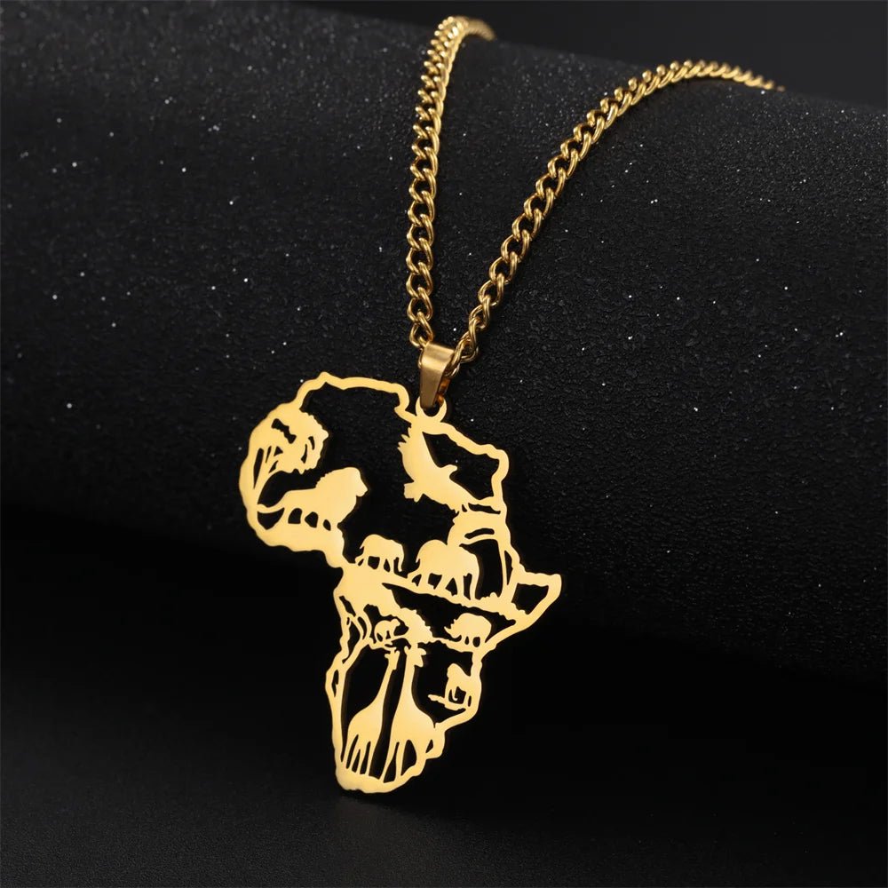 Africa Map Lion Elephant Monkey Giraffe Pendant Necklaces Stainless Steel Animal Chain Choker African Jewelry - Flexi Africa - Flexi Africa offers Free Delivery Worldwide - Vibrant African traditional clothing showcasing bold prints and intricate designs