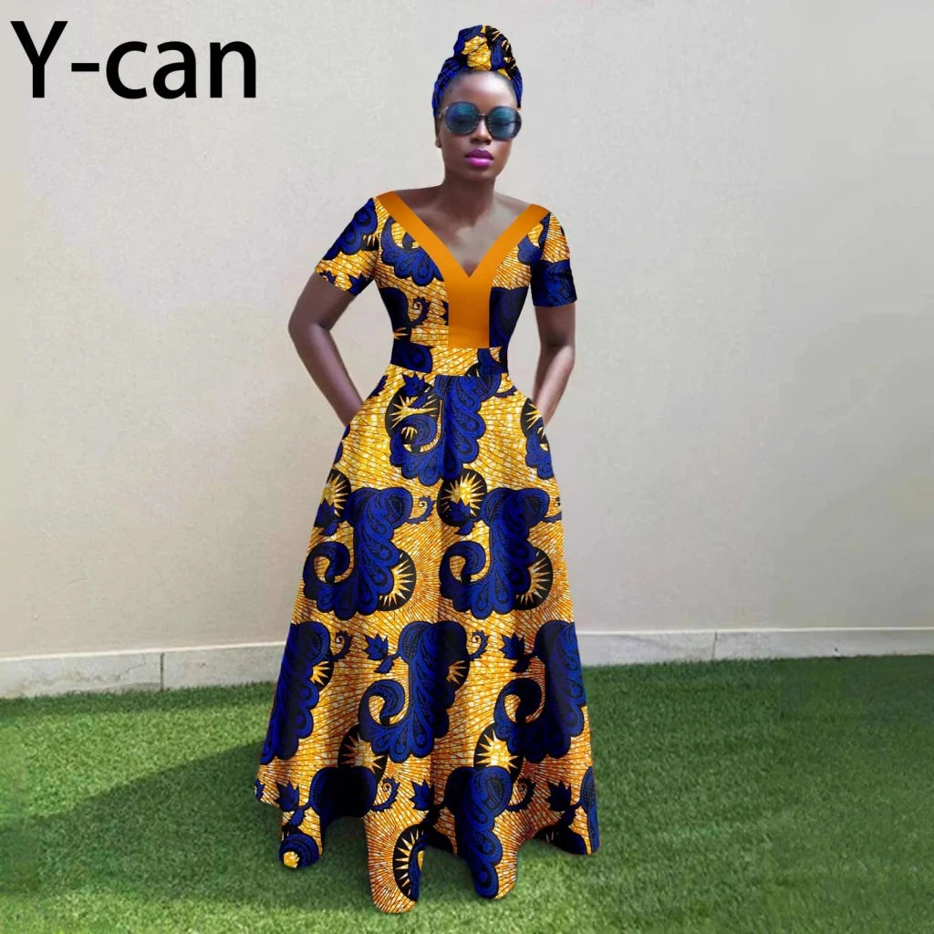 African Ankara Patchwork A - Line Dress – Women’s V - Neck Short Sleeve Party Dress with Headscarf - Free Delivery Worldwide only at Flexi Africa