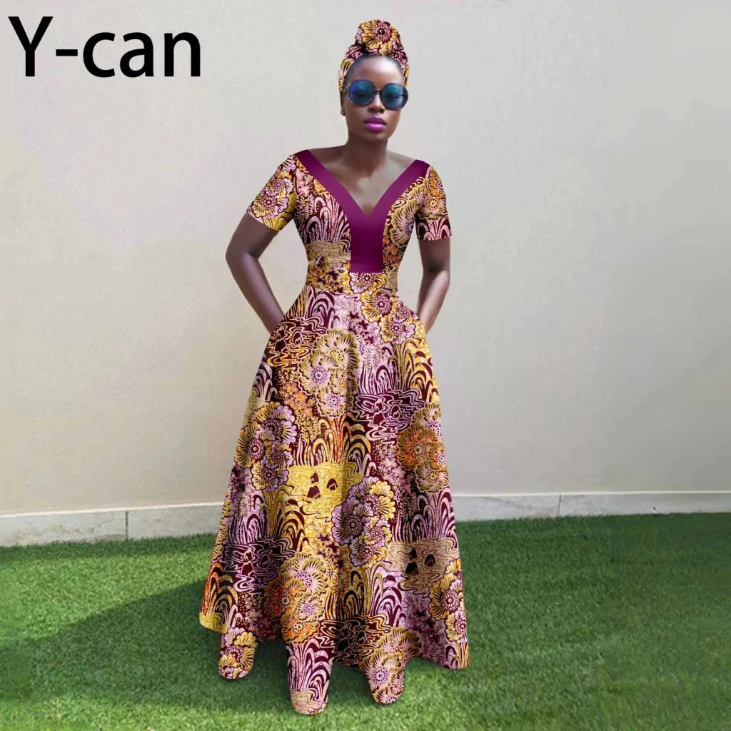 African Ankara Patchwork A - Line Dress – Women’s V - Neck Short Sleeve Party Dress with Headscarf - Free Delivery Worldwide only at Flexi Africa