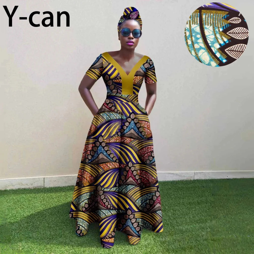 African Ankara Patchwork A - Line Dress – Women’s V - Neck Short Sleeve Party Dress with Headscarf - Free Delivery Worldwide only at Flexi Africa