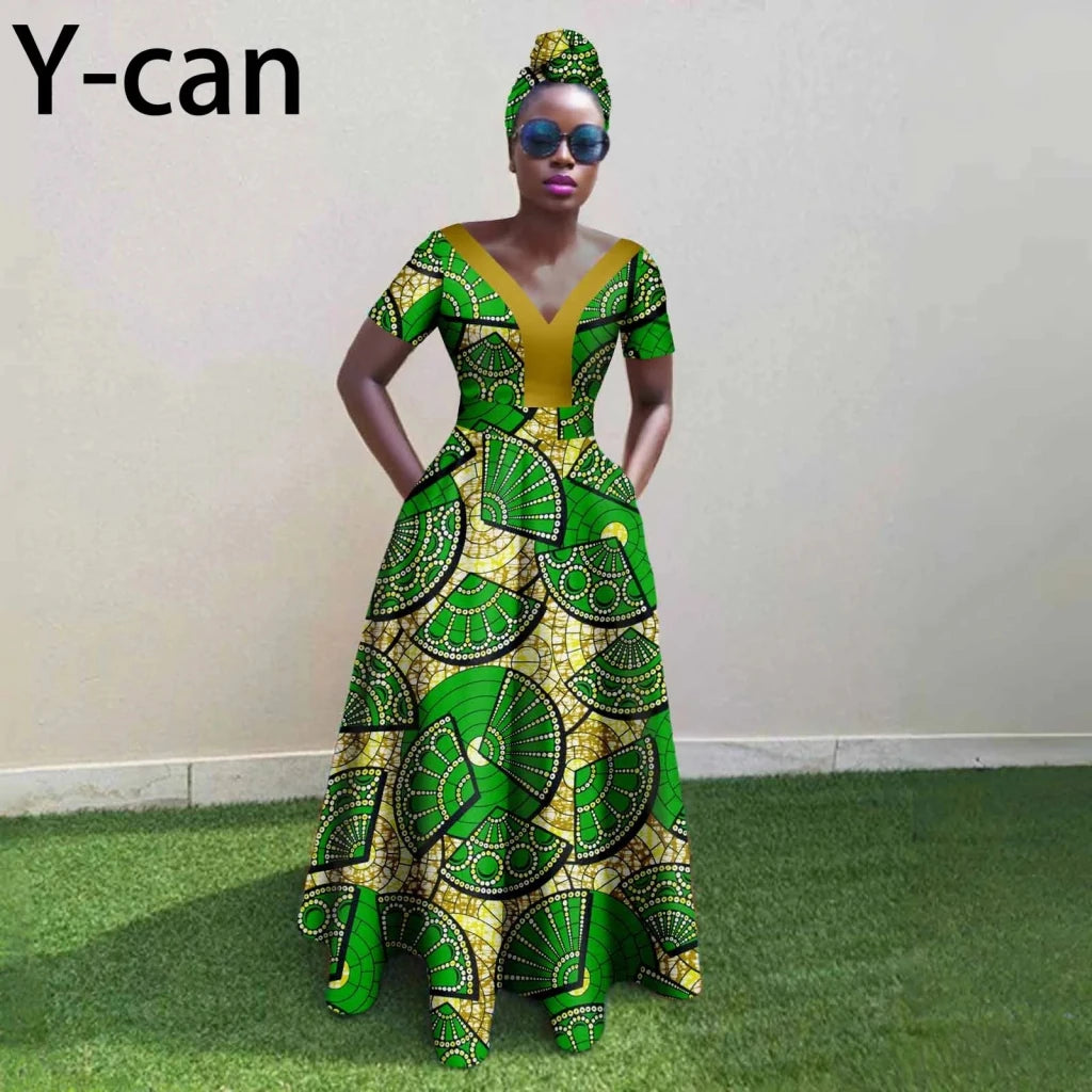 African Ankara Patchwork A - Line Dress – Women’s V - Neck Short Sleeve Party Dress with Headscarf - Free Delivery Worldwide only at Flexi Africa