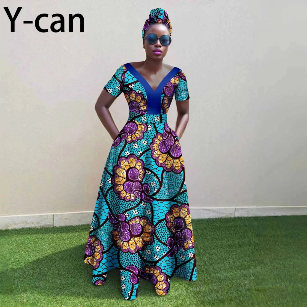 African Ankara Patchwork A - Line Dress – Women’s V - Neck Short Sleeve Party Dress with Headscarf - Free Delivery Worldwide only at Flexi Africa